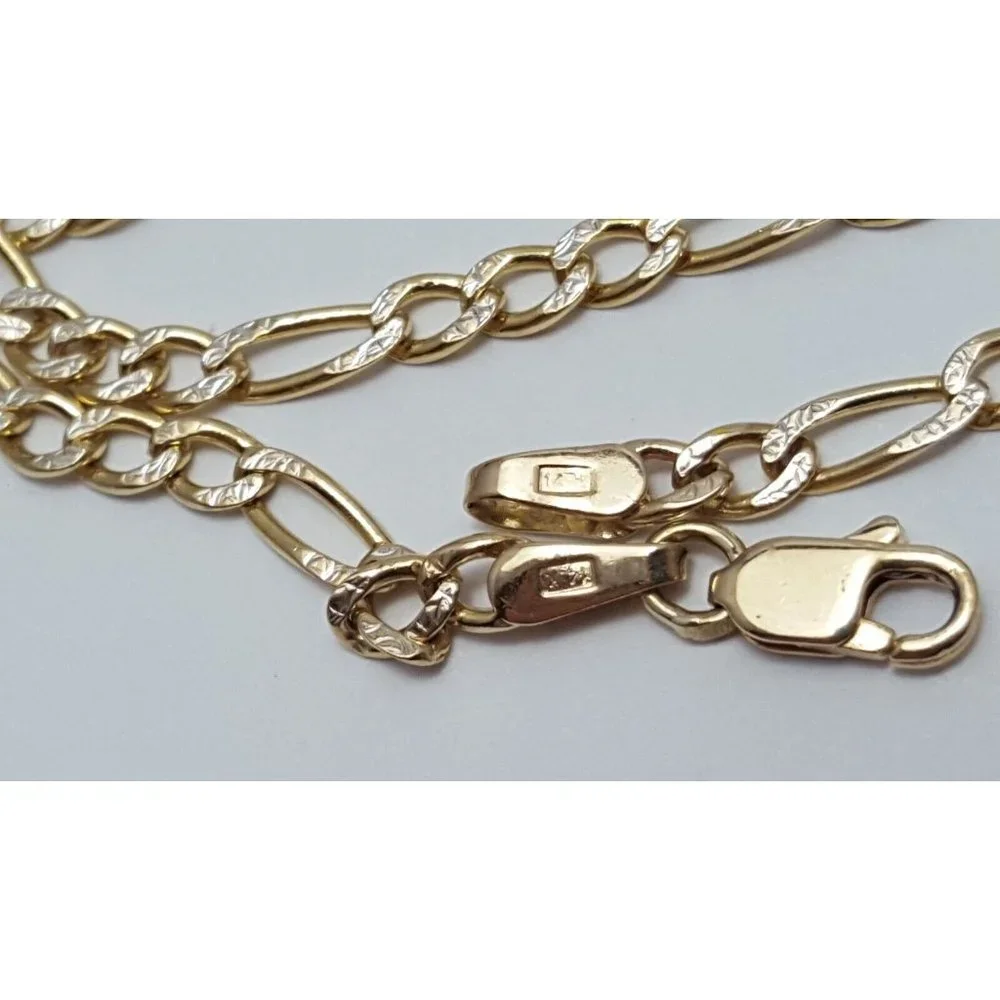14K Two Tone Multi Color Gold Diamond Cut Figaro Link Chain Necklace 25.25